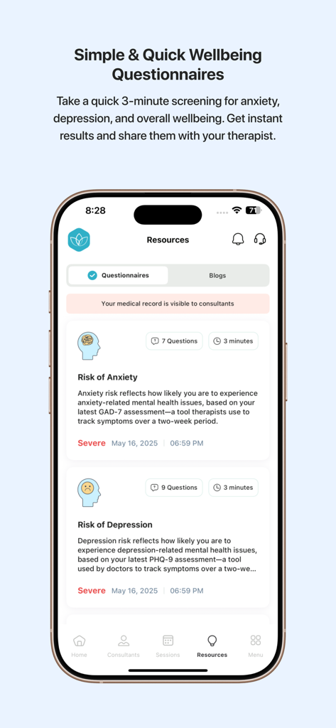 Estenarh - استنارة - Estenarhアプリの画面。不安やうつ病のためのメンタルヘルススクリーニング質問票を表示
