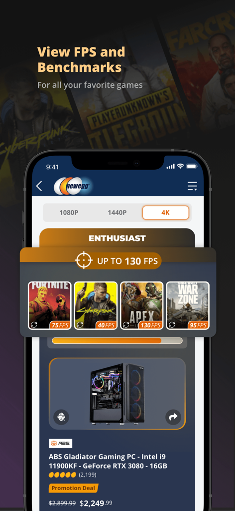 Newegg app interface showing FPS benchmarks for popular video games on a high end gaming PC
