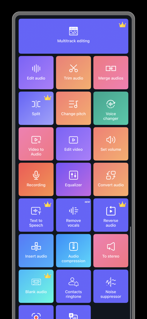 Mobile app dashboard with various audio editing tools including trim merge and voice changer
