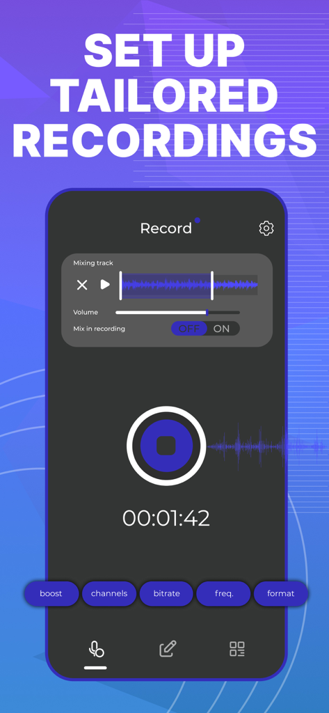 Audio Editor - AudioLab, Mixer - Mobile screen showing professional recording setup with custom bitrate and frequency settings for AudioLab