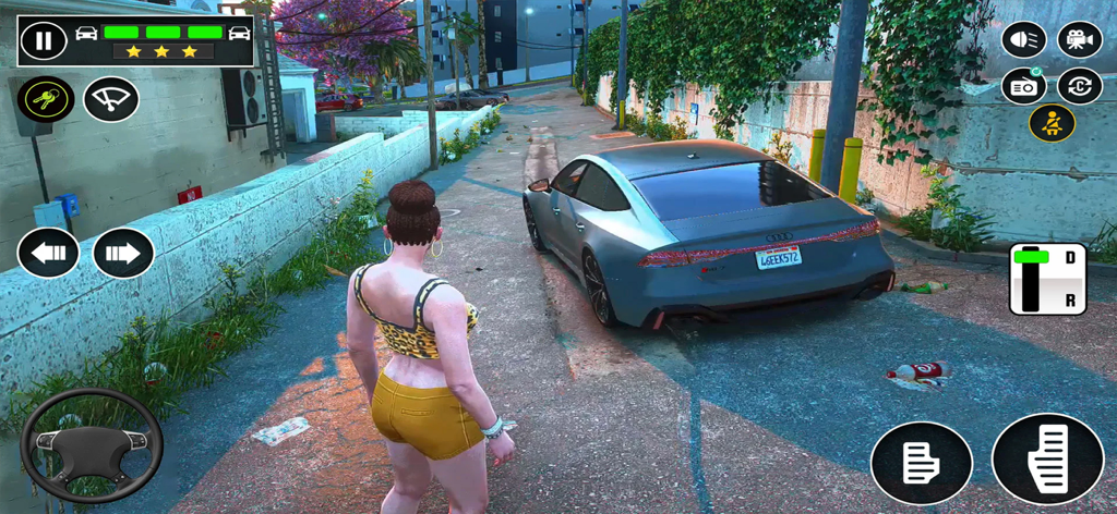 A woman standing near a grey sports car in a city environment from a driving simulation game