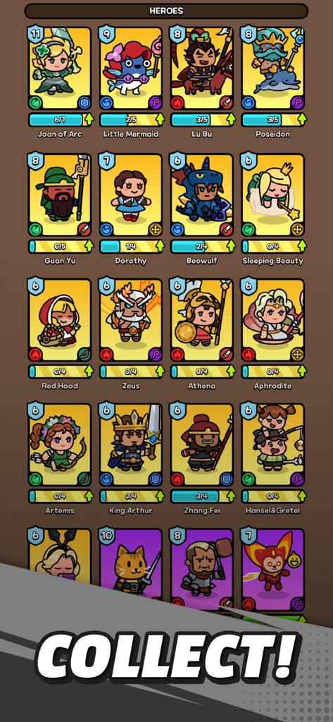 Mini Tales: GO! - Hero collection screen in Mini Tales GO showing legendary character cards with a chibi art style