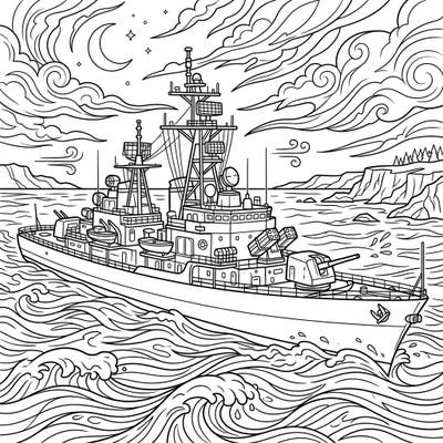 Embark on an artistic voyage with this intricate coloring page featuring a powerful destroyer warship cutting through the waves. Perfect for maritime history buffs and budding artists, this design offers a detailed challenge and endless creative possibilities.