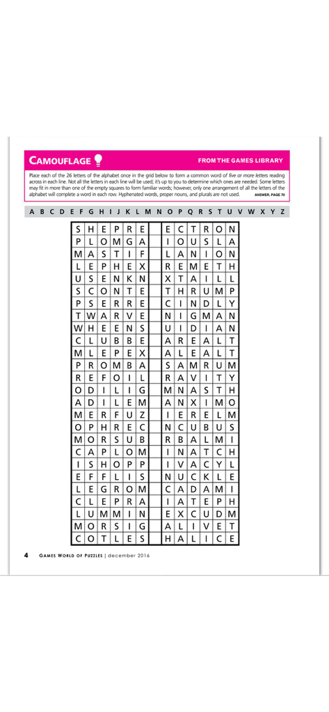 Games World of Puzzles - Una cuadrícula de acertijos de palabras titulada Camouflage de la revista Games World of Puzzles