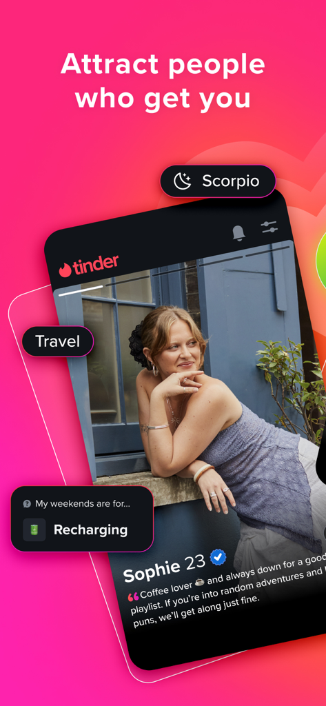 Tinder app interface showing a young woman profile with interest tags for travel and personality traits on a pink background.