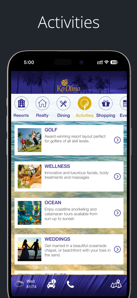 Eine Liste von Resort-Aktivitäten in der Ko Olina App, einschließlich Golf, Wellness, Ozean und Hochzeiten