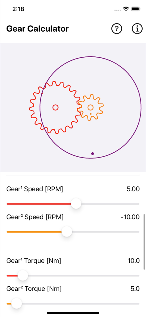 Gear Simulation & Calculation - Interface of Gear Simulation and Calculation app with gear visuals and speed settings
