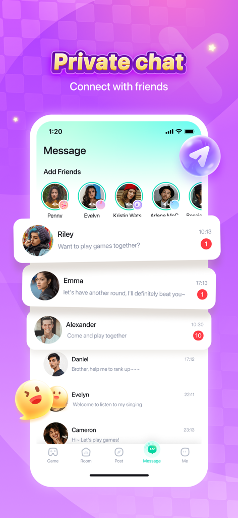 FunUp app private chat screen showing a list of messages and online friends.