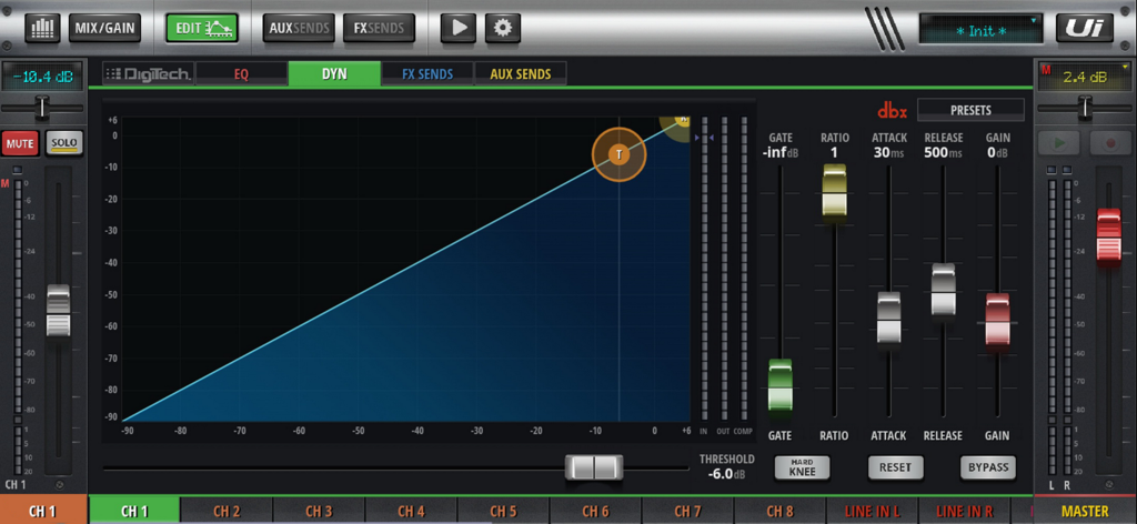 Interface of MyMixTool showing dynamics and compressor settings for a digital mixer channel