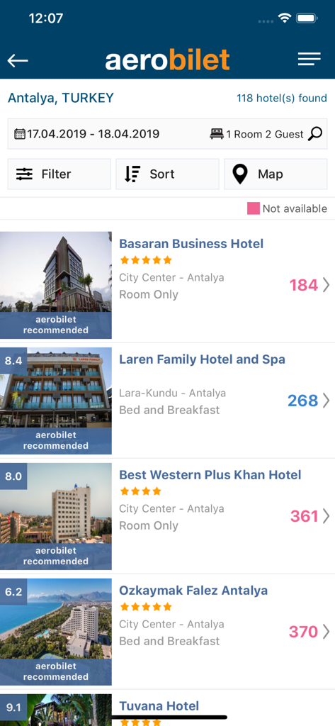 Aerobilet - Flights, Hotels - Aerobilet app interface showing hotel search results with prices and ratings for Antalya Turkey
