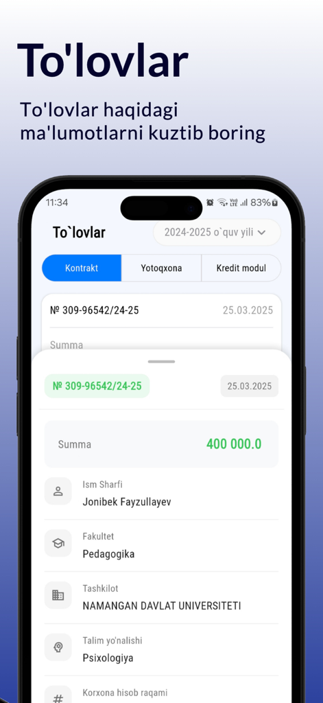 Kontrakt Edu - Una interfaz de aplicación móvil que muestra los detalles de pago de matrícula universitaria y la información del contrato para un estudiante.