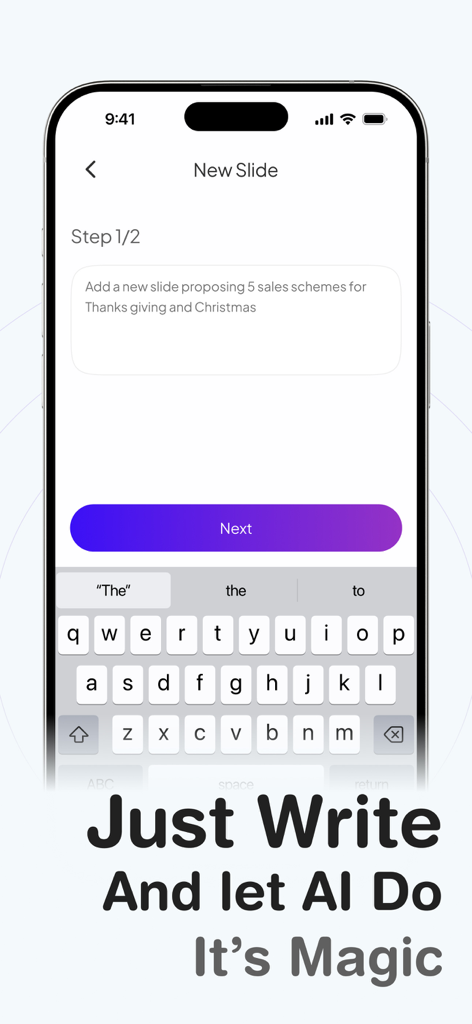 User interface of DeckAI showing a text prompt for creating a new presentation slide using AI.