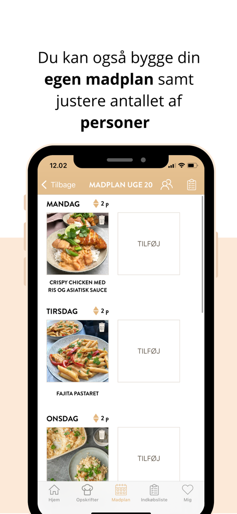 Mummum - Mummum app screen showing a customizable weekly meal plan with options to add recipes and adjust servings