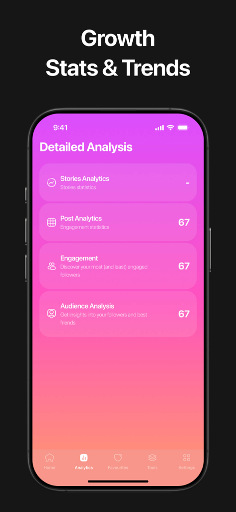 Unfollow Tracker: FollowHub - ソーシャルメディアの成長とエンゲージメント統計の詳細な分析を表示するFollowHubアプリ画面。