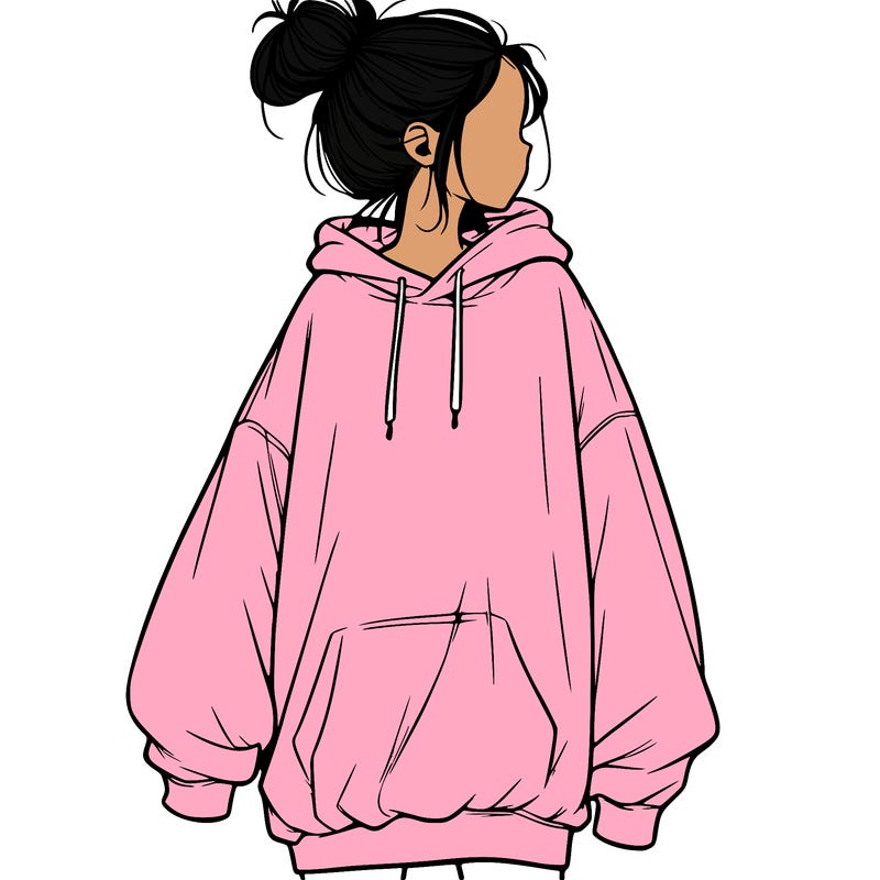 realistic girl with a oversized sweatshirt on and a bun