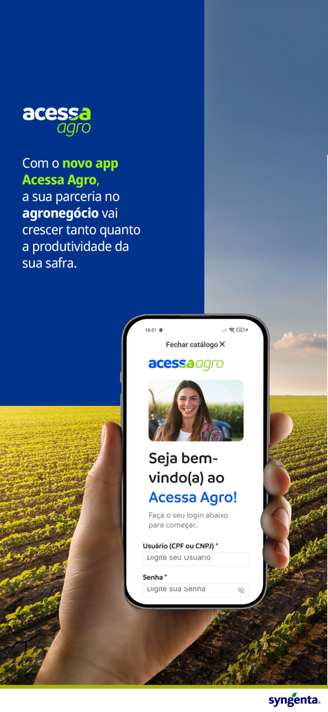 Acessa Agro - Uma mão segurando um smartphone exibindo a tela de login do Acessa Agro sobre um campo agrícola.