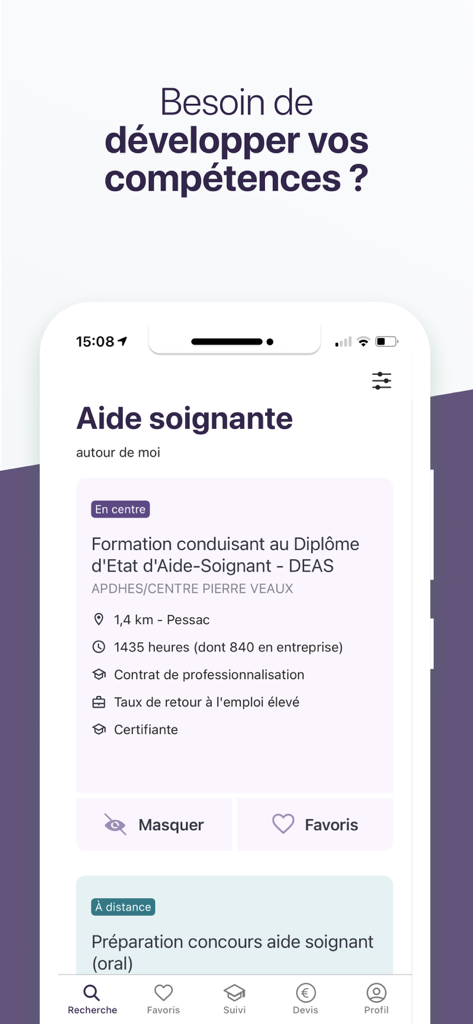 Ma Formation - France Travail - A mobile app interface displaying a search result for a care assistant training course with professional details.