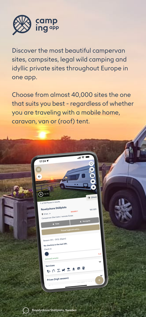 Smartphone displaying a campsite listing in the Camping App Eu with a campervan parked in a scenic field at sunset.