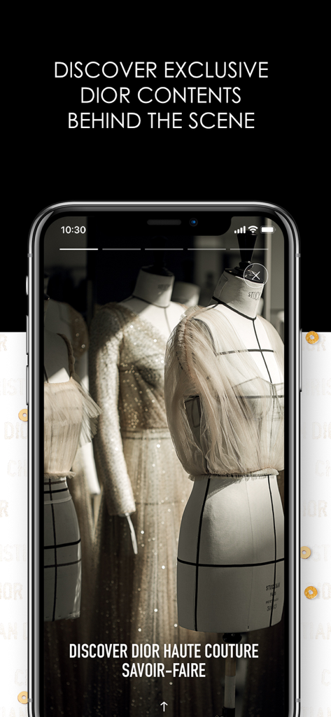 Dior AR Experience - A smartphone displaying Dior Haute Couture behind the scenes content within the Dior AR Experience app