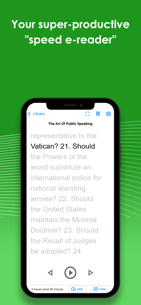 Spreeder - Speed Reading - Spreeder speed reading app interface showing text from The Art of Public Speaking on a smartphone.