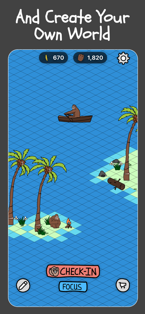 A customizable isometric island world in the Monke Habit Game featuring monkey characters, palm trees, and productivity buttons.