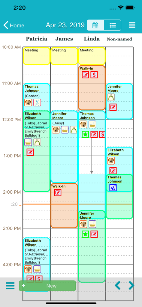 TapGroom - Pet Grooming Salon - TapGroomアプリの日次グルーミングスケジュール。ペットのアイコンとスタッフ列で予約が表示されています