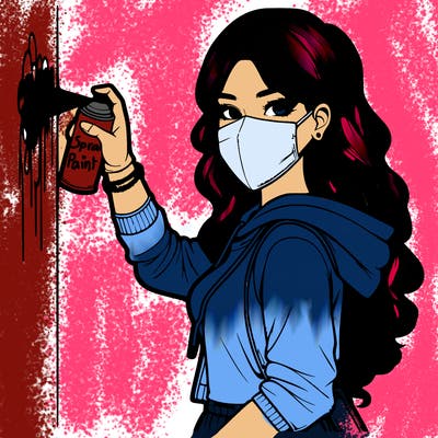 realistic girl with mask spray painting a wall