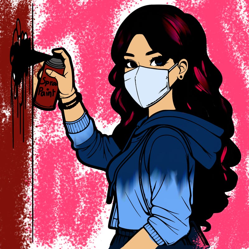 realistic girl with mask spray painting a wall