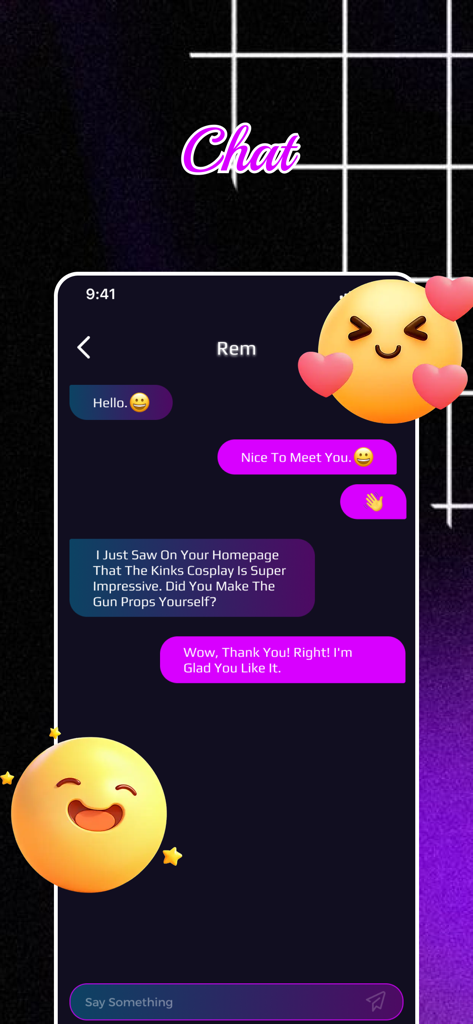 Une capture d'écran de l'interface de chat de l'application Cavi montrant une conversation entre deux cosplayers à propos d'accessoires de costume.