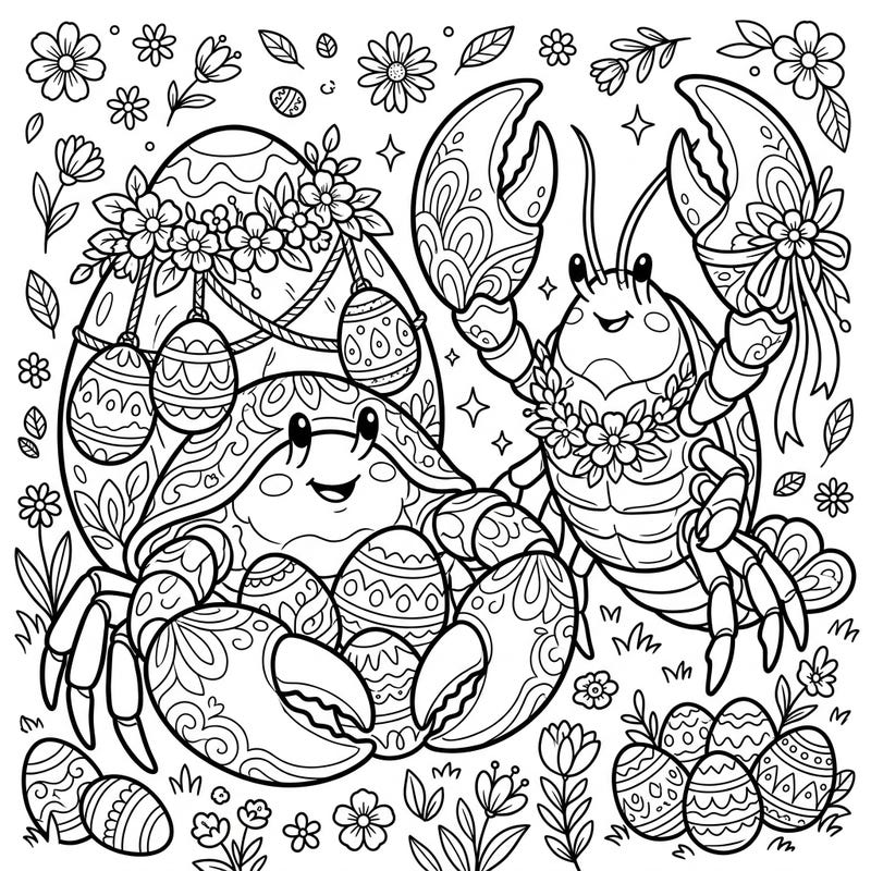 Get ready for an egg-cellent Easter with this charming coloring page featuring a happy crab and lobster celebrating the holiday. Adorned with festive decorations and surrounded by spring blossoms and patterned eggs, this unique design is perfect for seasonal fun.