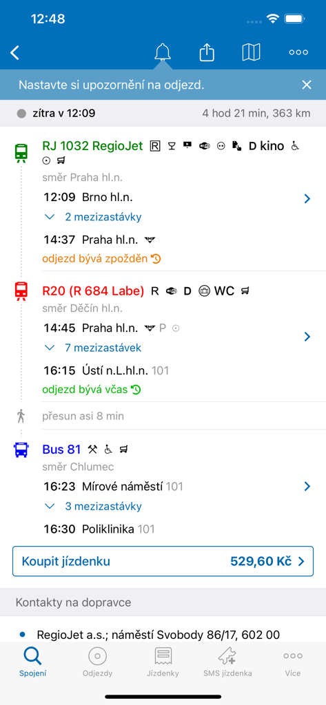 Jízdní řády IDOS - Interface de l'application Jízdní řády IDOS montrant un voyage en plusieurs étapes avec les détails des connexions de train et de bus
