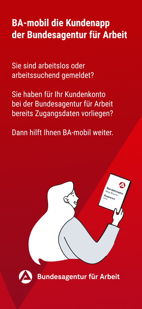Werbebildschirm für die BA-mobil App der Bundesagentur für Arbeit mit einer Illustration einer Frau, die Anmeldedaten auf rotem Hintergrund hält