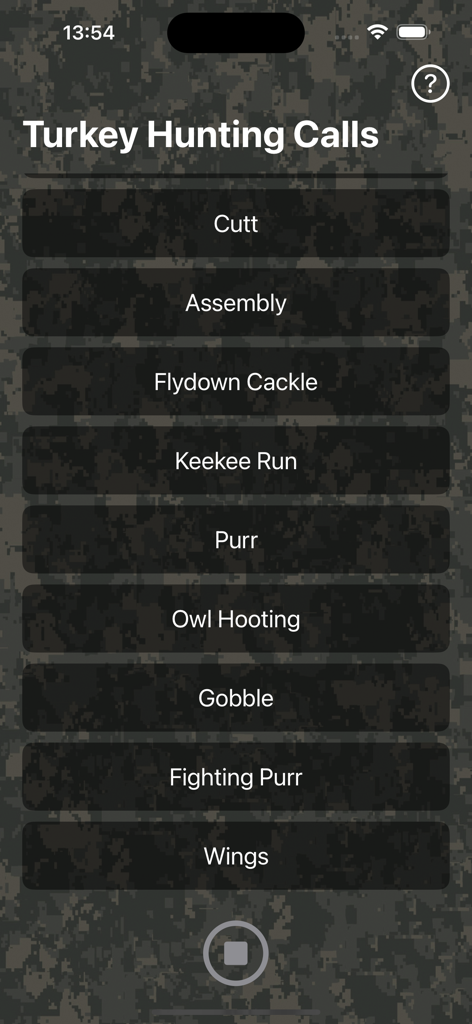 Turkey Hunting Calls - Interface of the Turkey Hunting Calls app displaying a list of audio call options on a camouflage background.