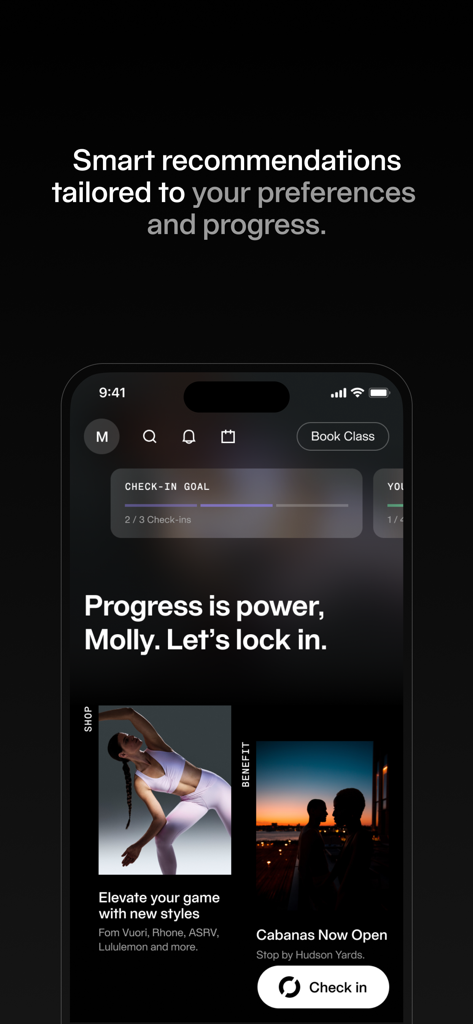 Equinox+ - Equinox plus mobile app dashboard displaying personalized progress goals and lifestyle benefits