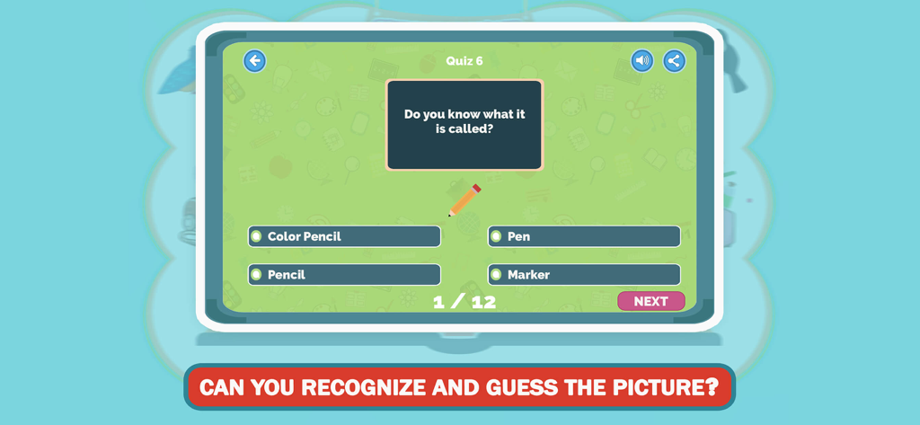 Guess The Picture For Kids App - Educational trivia game for children showing a pencil identification quiz screen