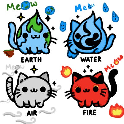 4 cats that represent the different elements, earth, water, air, and fire