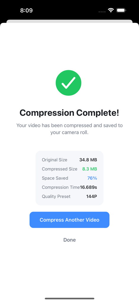 Video Compressor - ShrinkIt - A screen showing the results of a successful video compression with 76 percent storage space saved