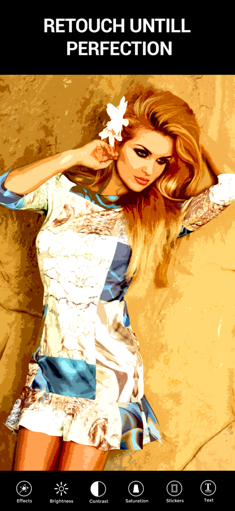 Photo To Cartoon Yourself Edit - La foto de una mujer con un filtro de caricatura aplicado que muestra herramientas de retoque como brillo y contraste.