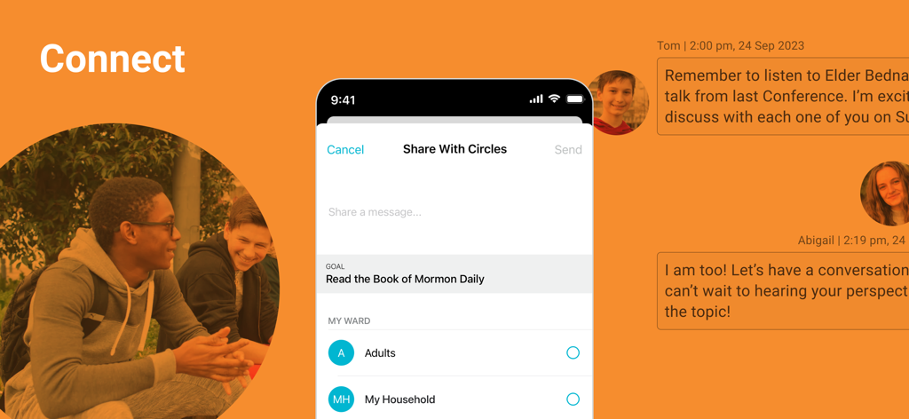 Schermata dell'app Gospel Living che mostra la chat dei Cerchi e la condivisione degli obiettivi della comunità