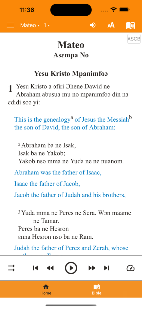 Asante Twi Bible app showing parallel Twi and English scriptures with audio playback controls