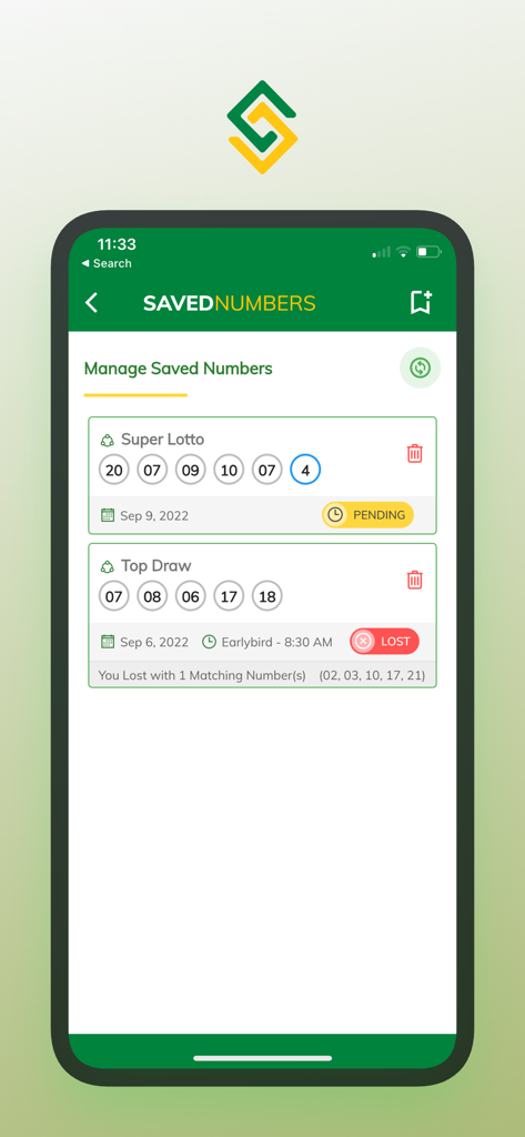 Interface do aplicativo Supreme Ventures mostrando uma lista de números de loteria salvos para jogos Super Lotto e Top Draw com indicadores de status como pendente e perdido.