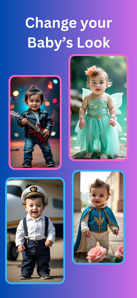 Cuatro bebés generados por IA vestidos con diferentes estilos, incluyendo un rockero, un hada, un piloto y una figura real.