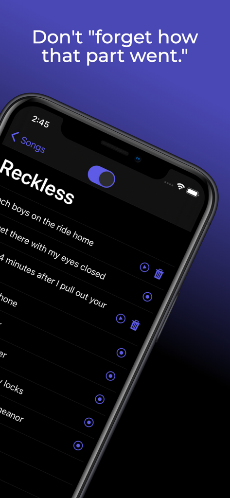 The Lyrics App - Smartphone screen showing the Lyrics App interface with recorded audio clips for specific song lyrics