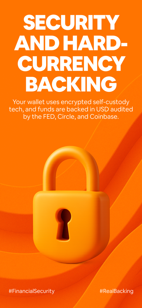 Promotional screen for Kontigo Global app featuring a large orange padlock and text about encrypted self-custody and USD backing.