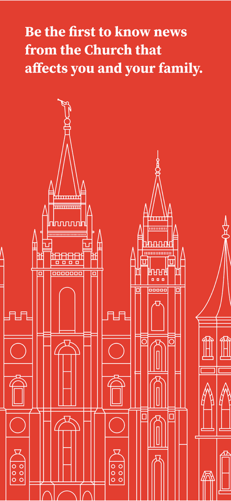 Church News - Un dibujo lineal blanco de un templo SUD sobre un fondo rojo con texto sobre noticias de la iglesia para familias