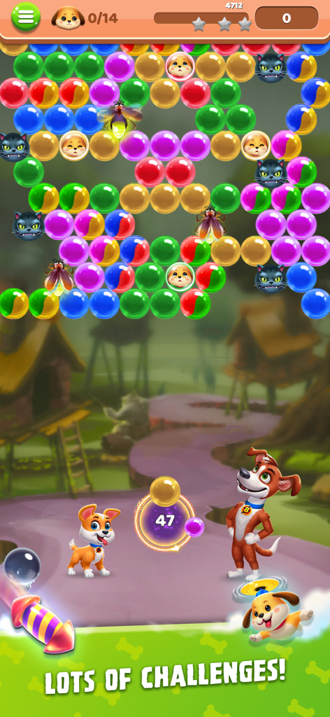 Bubble Shooter King - A gameplay screen of Bubble Shooter King showing a bubble puzzle with dogs to rescue and cats to defeat