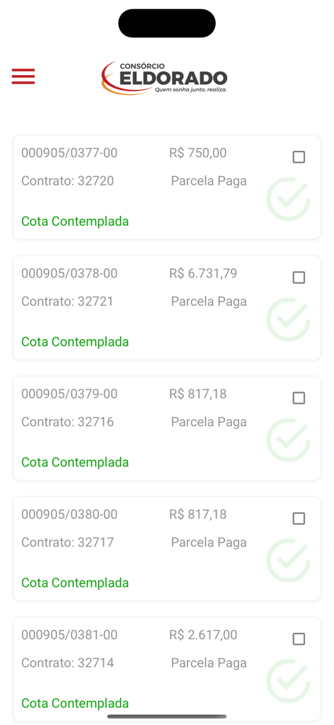 Consorcio Eldorado app screen showing a list of consortium shares with status information and payment history