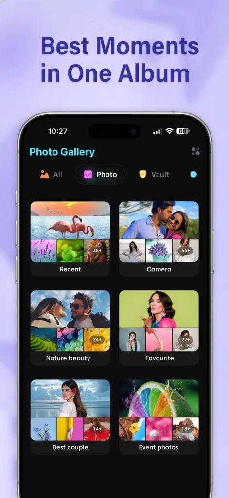 Gallery Vault - Hide Photos - Gallery Vault app interface showing organized photo albums for easy media management