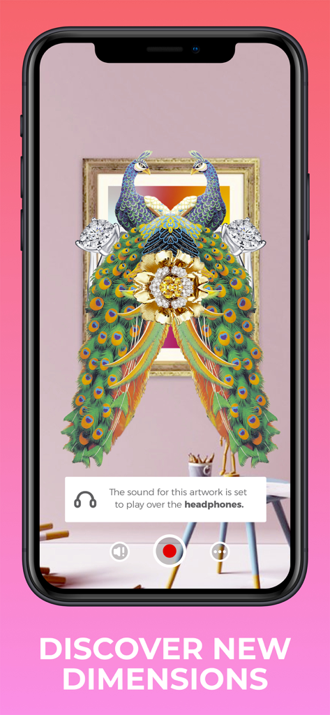 Artivive app displaying a vibrant peacock-themed augmented reality artwork on a smartphone screen