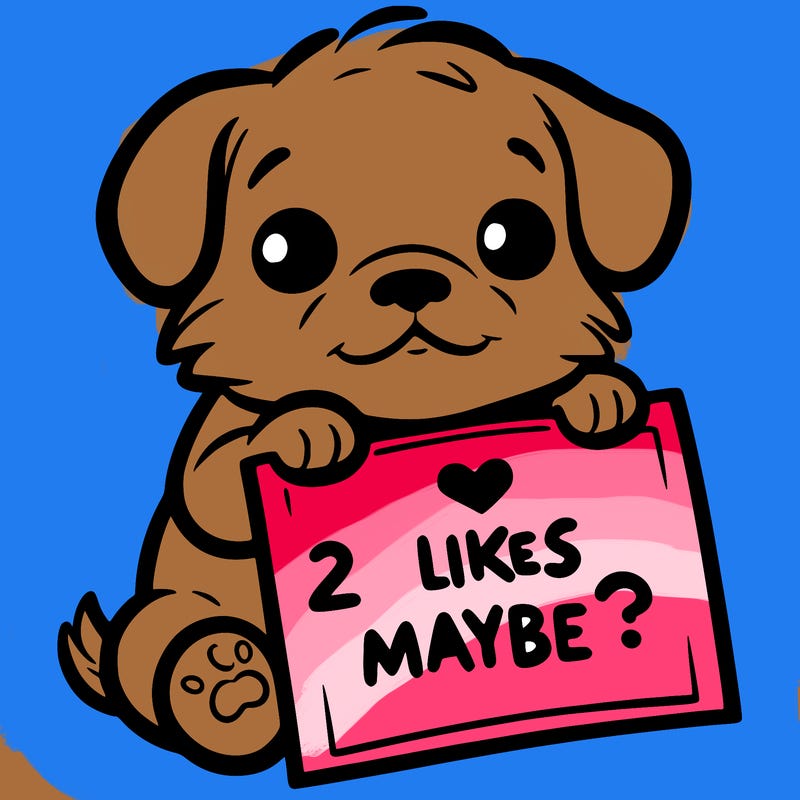 a puppy holding a sign that says 2 likes maybe?